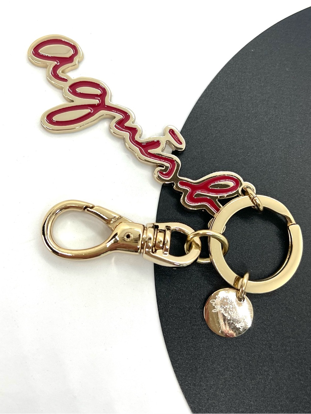 Agnes b Script Logo Keychain Bag Charm Gold Red Enamel Designer